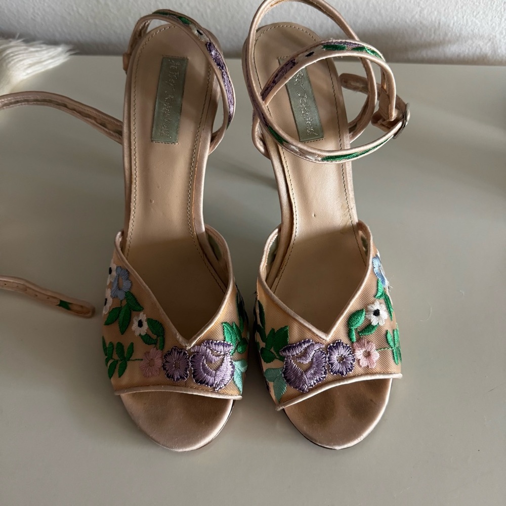 Betsey Johnson Beige Floral Embroidered Ankle Strap Heels